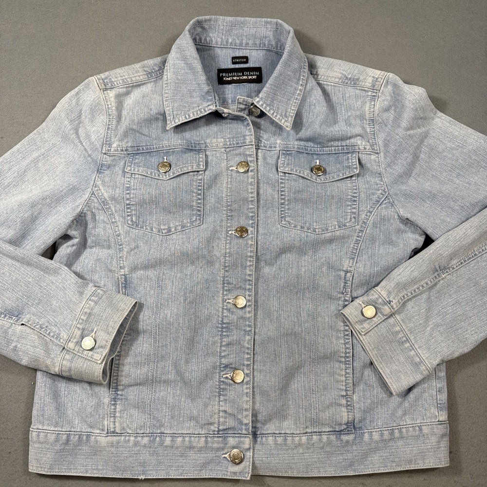Jones New York Signature Womens M Ribbed Denim Jacket Button-Up 4-Pockets